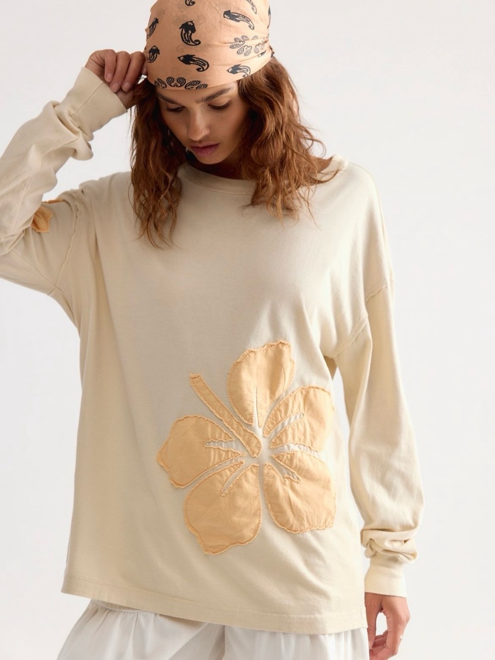 NWT Free People X Ragabond Hibiscus Moon Long Sleeve Tee in Sand Combo